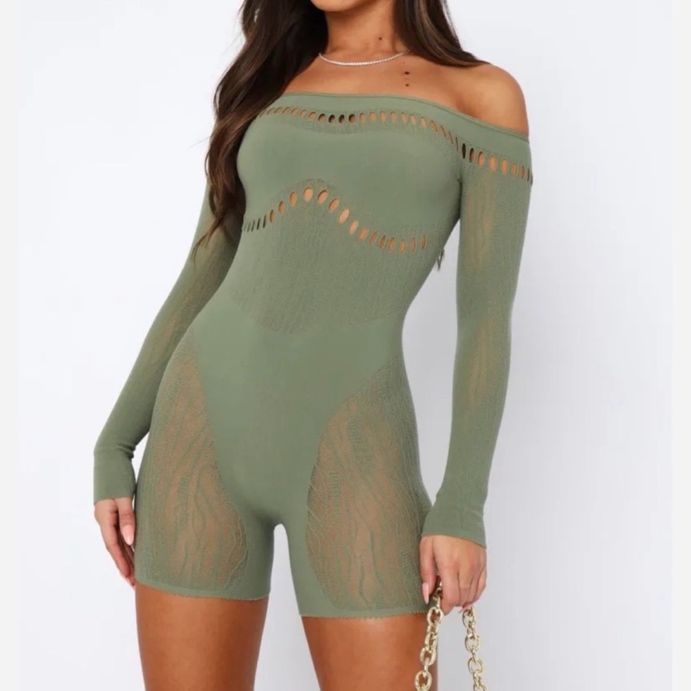 White fox Women's Olive Green Off-Shoulder Knit Bodysuit